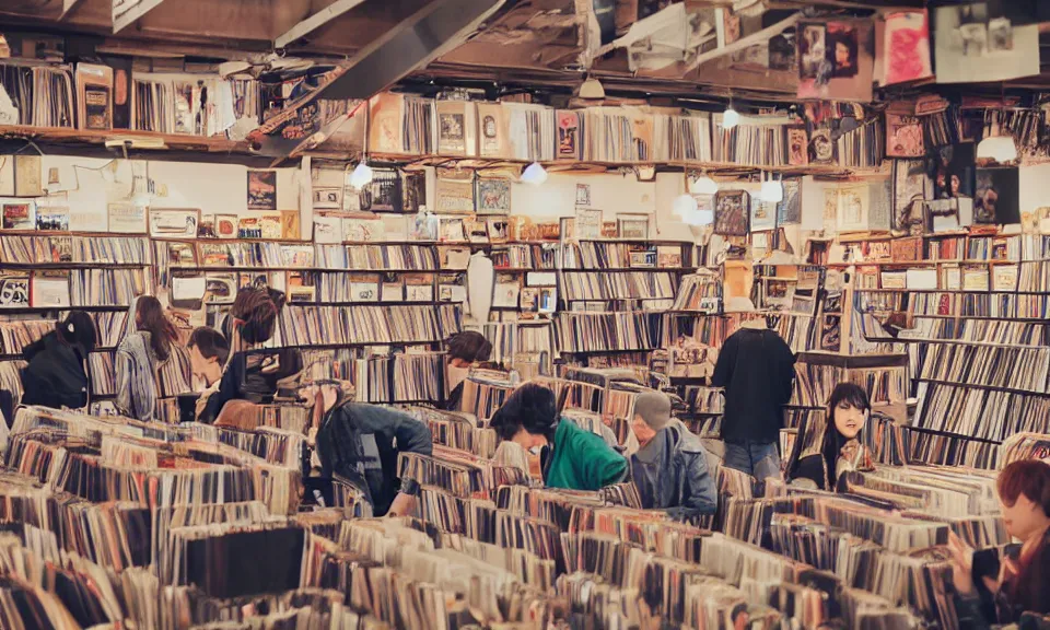 Image similar to interior of a record store, cozy atmosphere, anime style, customers talking to each other, highly detailed