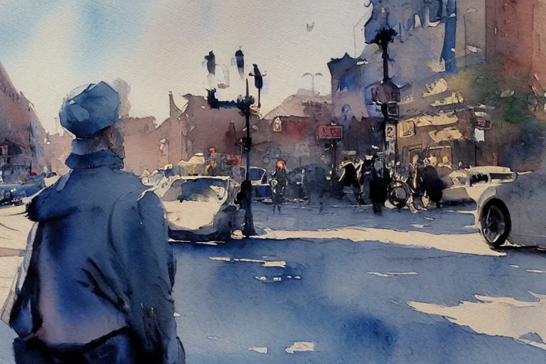 Prompt: small centered on watercolor paper, paint brush strokes, abstract watercolor painting of old rugged poor man at street corner, daylight, blue sky, cinematic light, national romanticism by hans dahl, by jesper ejsing, by anders zorn, by greg rutkowski, by greg manchess, by tyler edlin