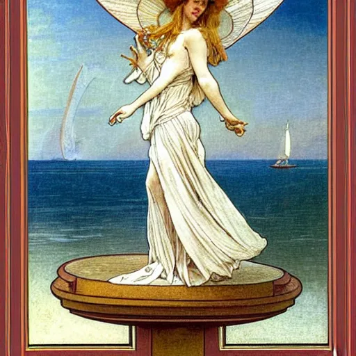 Prompt: Angels with jester hats and clothes forming a circle on the front of a Balustrade with a beach and a sail boat on the background, major arcana cards, by paul delaroche, alphonse mucha and arnold böcklin arnold böcklin hyperrealistic 8k, very detailed