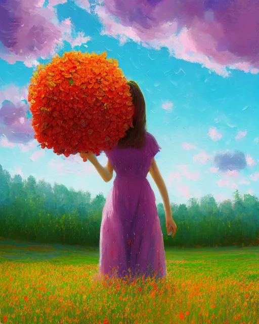 Image similar to girl with giant flower as a face and flower dress, standing in a flower field hills, big trees, sunrise dramatic light, impressionist painting, colorful clouds, digital painting, pointillism, artstation, simon stalenhag