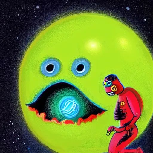 Image similar to a tennis ball monster in space , digital art, fantasy, magic, trending on artstation, ultra detailed, professional illustration by Basil Gogos