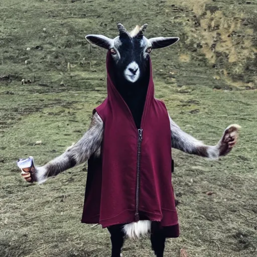 Image similar to a goat wearing a dark hooded cloak