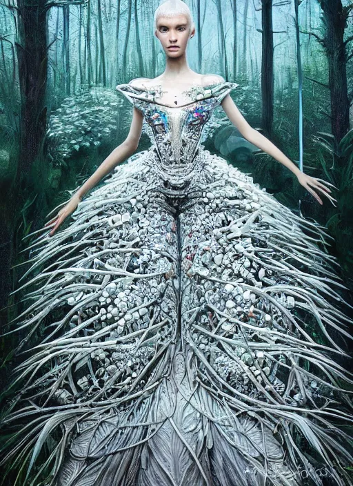 Image similar to a beautiful hyperrealistic ultradetailed 3D, one girl in a magnificent McQueen couture clothes on the background of a futuristic forest, Designer clothes, futuristic clothes, clothes from the future, biopunk, voge photo, fashion style, fullbody, in full growth, intricate, elegant, highly detailed, artstation, concept art, smooth, sharp focus, illustration, art by and greg rutkowski and orientalism and bouguereau and Zdzislaw Beksinski, good clear quality, lighting,