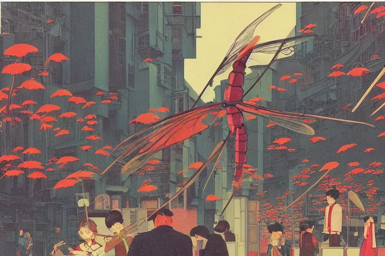 Image similar to gigantic dragonflies with human faces catch tiny robots, a lot of exotic mechas robots around, human heads everywhere, risograph by kawase hasui, edward hopper, satoshi kon and moebius, colorful flat surreal design, super - detailed, a lot of tiny details, fullshot