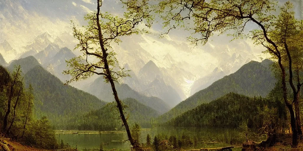 Image similar to art by albert bierstadt of the cinematic view of the jiuzhaigou valley forest