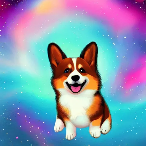 Prompt: corgi puppy floating in space, cosmic, calm, beautiful digital painting