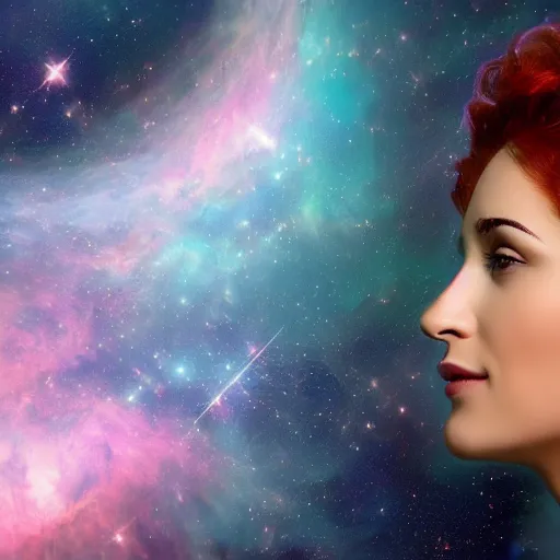 Prompt: Side profile portrait of attractive Greek celestial goddess with an aquiline nose looking down with a gentle smile. Her blue face is emerging from her big wavy orange hair with pink highlights. Her hair fills most of the image. Hubble space telescope image of nebula.