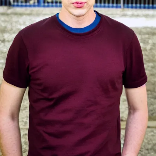 Image similar to full face color photograph of a 35 year old very handsome white man with very short light blond hair and small blue eyes, dressed in a maroon t shirt and black jeans, with very thin lips, with a straight nose and pale skin. He has masculine but gentle features.