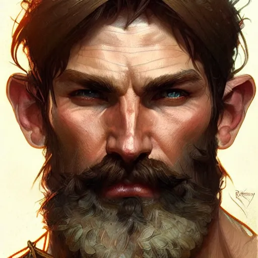 Image similar to Portrait of rugged male ranger, D&D, muscular, fantasy, intricate, elegant, highly detailed, digital painting, artstation, concept art, smooth, sharp focus, illustration, art by artgerm and greg rutkowski and alphonse mucha