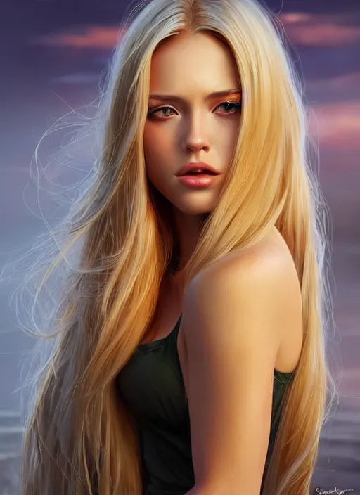 Image similar to picture of a gorgeous female with long blonde hair in the style of stefan kostic, realistic, full body shot, wide angle, sharp focus, 8 k high definition, insanely detailed, intricate, elegant, art by stanley lau and artgerm, floating embers