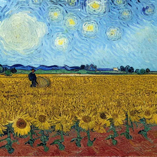 Image similar to An oil painting of Van Gogh is painting in a sunflower field, by Van Gogh