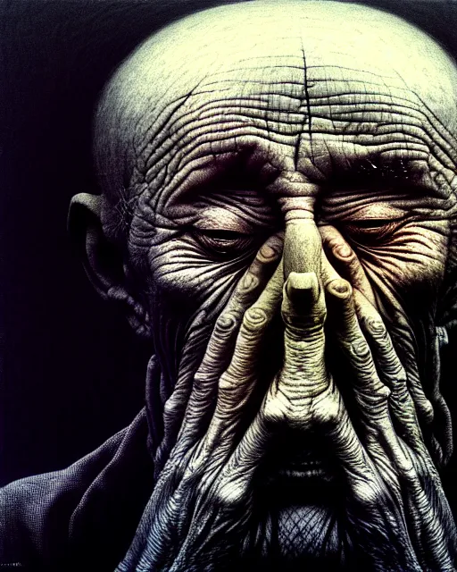 Image similar to close up portrait of very old man with no eyes and hands for face drawn by beksinski, high definition