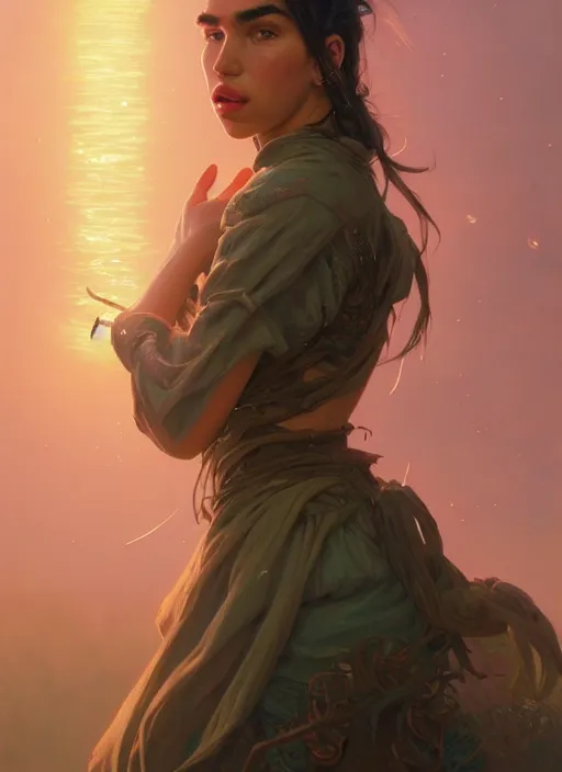 Image similar to Highly detailed portrait of Dua lipa, Stephen Bliss, unreal engine, fantasy art by Greg Rutkowski, Loish, Rhads, ferdinand knab, Makoto Shinkai and Lois van baarle, ilya kuvshinov, rossdraws, Tom Bagshaw, alphonse mucha, global illumination, radiant light, detailed and intricate environment