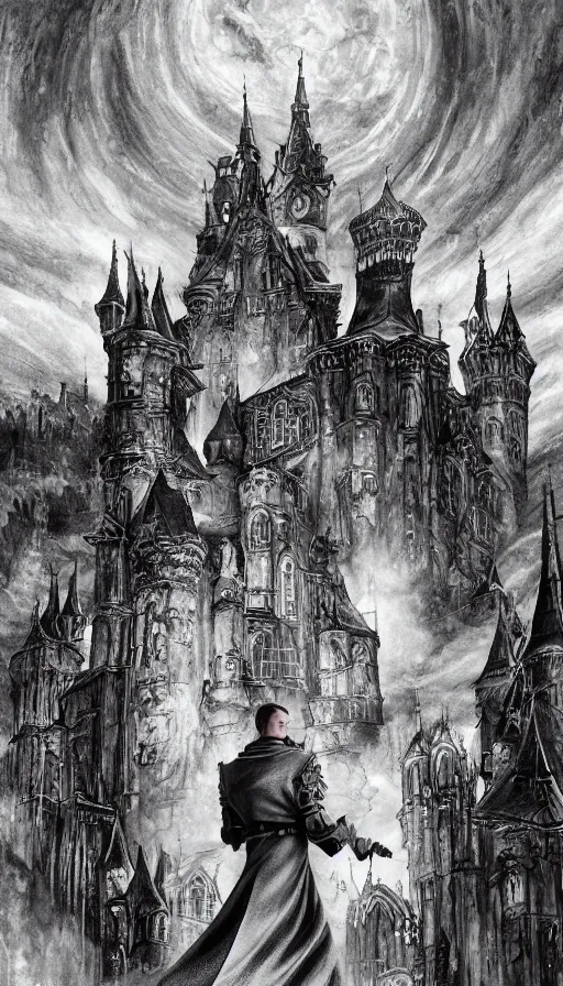 Image similar to Vampire Putin over a Medieval Gothic Castle, by Ayami Kojima, studio ghibli, cinematic lighting, intricate, highly detailed, digital painting, trending on artstation, Illustration, epic scale