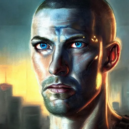 Prompt: cyberpunk, armitage, closeup portrait of a stoic ex soldier with a battlescar and light blue eyes, brown buzzcut, cyborg, dramatic light, city background, sunset, dystopian setting, high contrast, sharp, neuromancer, painted by stanley lau, painted by greg rutkowski, painted by stanley artgerm, digital art, trending on artstation