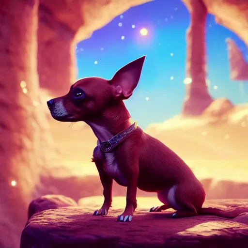 Image similar to a human chihuahua living in an extradimensional reality where it is a god, in the style of wlop, illustration, epic, fantasy, hyper detailed, smooth, unreal engine, sharp focus, ray tracing, physically based rendering, renderman, beautiful