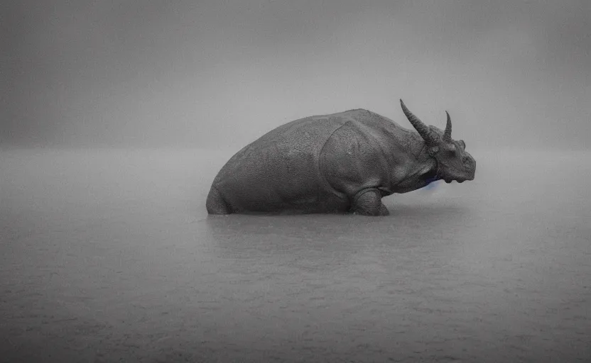 Image similar to nature photography of a rain soaked triceratops in flood waters, african savannah, rainfall, muddy embankment, fog, digital photograph, award winning, 5 0 mm, telephoto lens, national geographic, large eyes