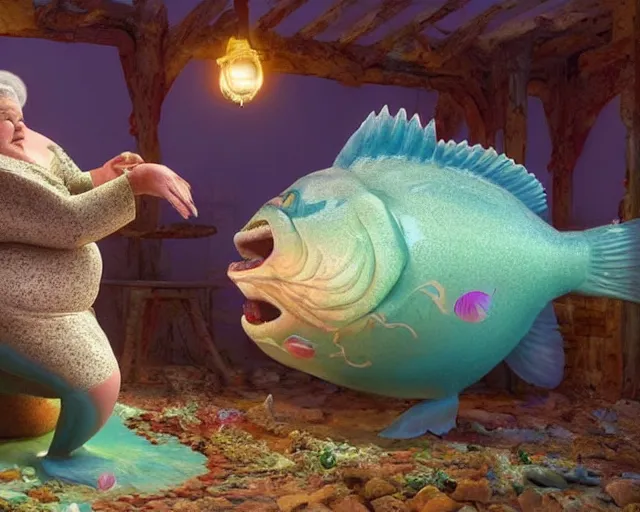 Image similar to of a very beautiful scene. ambient occlusion render. a sweet fat old woman is giving birth to a huge colorful fish. hyper realistic. 4 k. wide angle. sadness symmetrical face, red mouth, blue eyes. deep focus, lovely scene. ambient occlusion render. concept art. unreal engine.