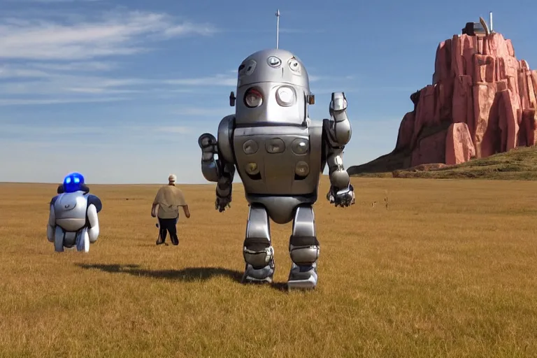 Prompt: a robot castle walking across the plains, ghibli