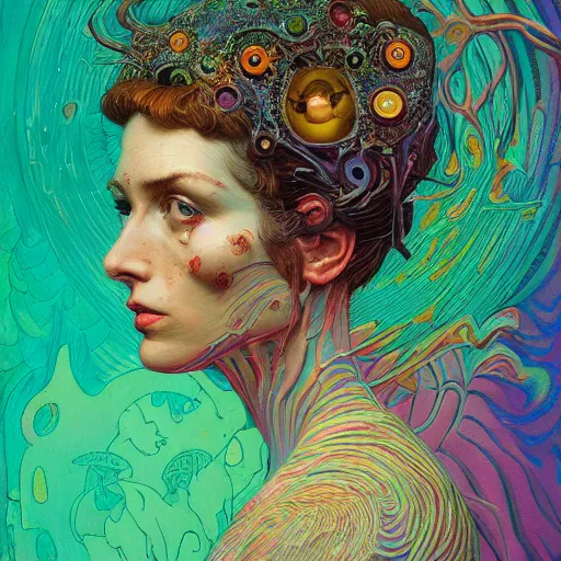 Image similar to Portrait of beautiful woman, surrounded by neural vivid realm, dark babylonian surrealism, painted part by francis bacon, part by jeffrey smith, part by josan gonzales, part by dan mumford, part by norman rockwell, part by gustave moreau, artstation, 4K, highly detailed,