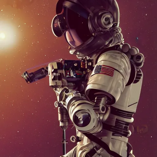 Prompt: a cybernetic symbiosis cybernetic mech astronaut sniper woman in a nasa eva suit with small nixie tube barnacles, nasa eva suit, by beeple, white fractals, small nixie tubes, nasa canadarm, maxillipeds, chelicerae, chelate appendages