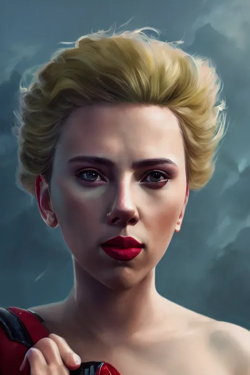 Prompt: a fancy portrait of a Scarlett Johansson deadpool by Greg Rutkowski, Sung Choi, Mitchell Mohrhauser, Maciej Kuciara, Johnson Ting, Maxim Verehin, Peter Konig, final fantasy , mythical, 8k photorealistic, cinematic lighting, HD, high details, atmospheric,