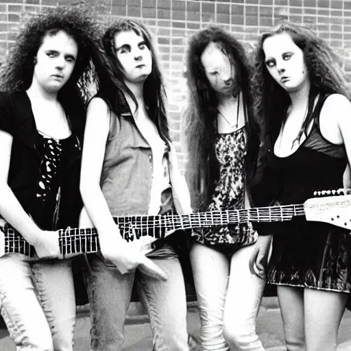 Prompt: Group of 19-year-old women holding electric guitars, long shaggy hair, permed hair, doom metal, punk rock, SST, band promo photo, 1987 photograph