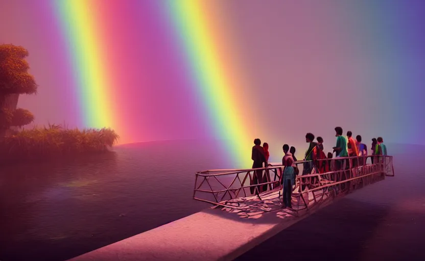 Image similar to incredible, mindblowing, refugees crossing a beautiful bridge made of rainbow hardlight, matte painting, makoto shinkai, artstation, cgsociety, dramatic lighting, concept art, octane render, arnold 3 d render