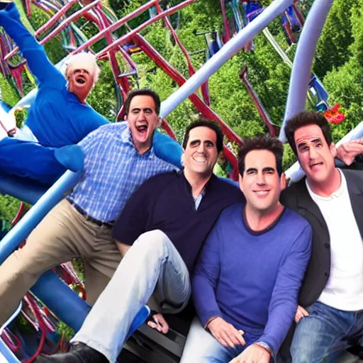 Image similar to ultra realistic detailed 4 k photo of michael scott, jerry seinfeld, ted mosby, phil dunphy, chandler bing, from a roller coaster action camera at an amusement park