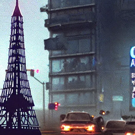 Image similar to A beautiful intricate 8K award-winning ground-level cinematic movie photograph of the future apocalyptic Eiffel Tower surrounded by corporate billboards, destroyed and decaying. in the year 2043, by Bruno Delbonnel and greg rutkowski. Arri Alexa 65, IMAX 70mm footage. Dirty billboards. Cinematic lighting