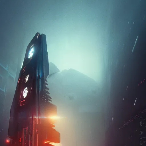 Image similar to giant futuristic cyberpunk spacecraft, blade runner, dense fog, bloom, cinematic lighting, ultra detailed, trending on artstation, dune style, denis villeneuve