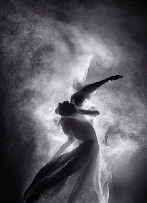 Image similar to a Photorealistic dramatic hyperrealistic render of a glamorous beautiful Female smoke dancer with perfect human form by Ken Brower and Deborah Ory of NYC Dance project,Lois Greenfield,Flowing cloth and smoke,Beautiful dynamic dramatic dark moody lighting,volumetric,shadows,cinematic atmosphere,Octane render,8K