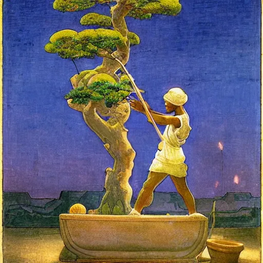 Image similar to Old African gardener cutting bonsai trees, isyllic Garden, by Annie Swynnerton and Nicholas Roerich and jean delville, glowing paper lanterns, strong dramatic cinematic lighting , ornate tiled architecture, lost civilizations, smooth, sharp focus, extremely detailed