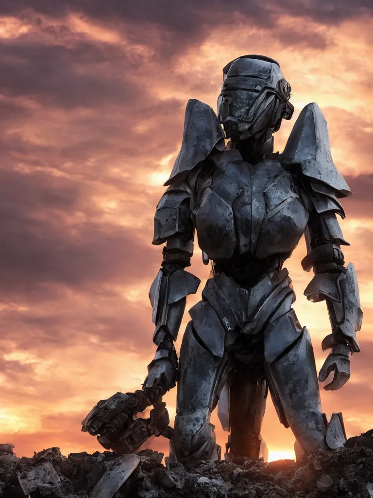 Image similar to emily blunt in futuristic power armor, close up portrait, solitary figure standing atop a pile of rubble, holding a sword on her shoulder, sunset and big clouds behind her