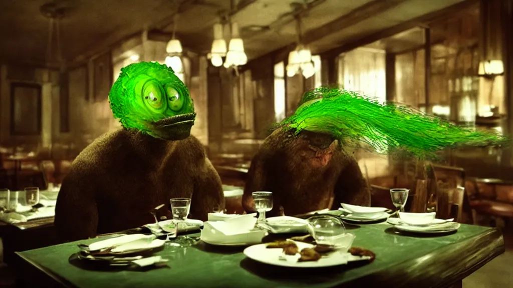 Image similar to the strange creature in the restaurant likes to eat, made of Chlorophyll and oil, film still from the movie directed by Denis Villeneuve with art direction by Salvador Dalí