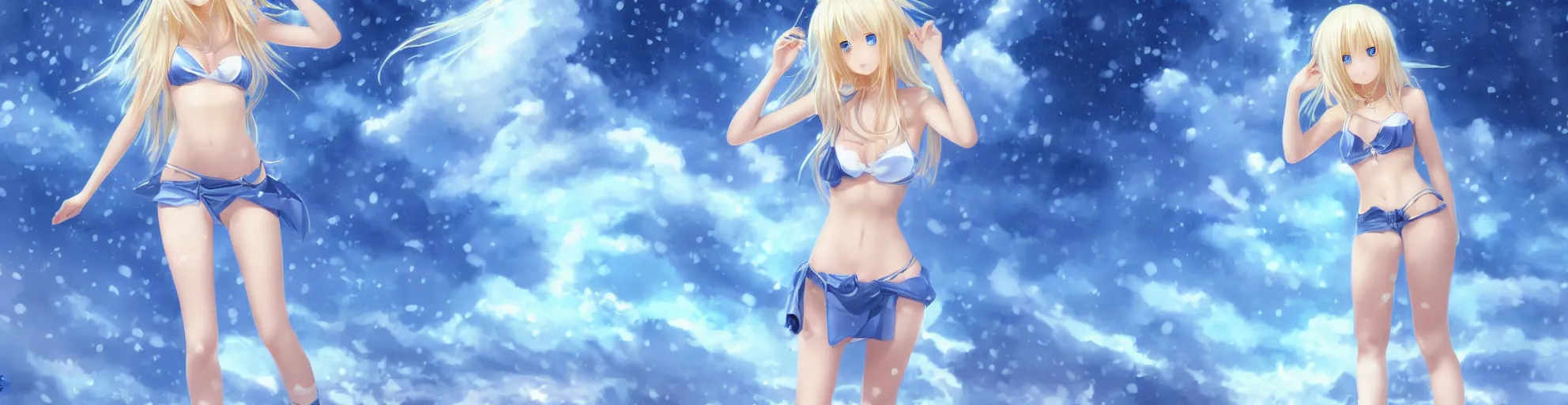 Image similar to full body shot : a very beautiful young blond anime girl on a snowstorm, sky blue eyes,, bikini, miniskirt, highly detailed, cinematic wallpaper by stanley artgerm lau