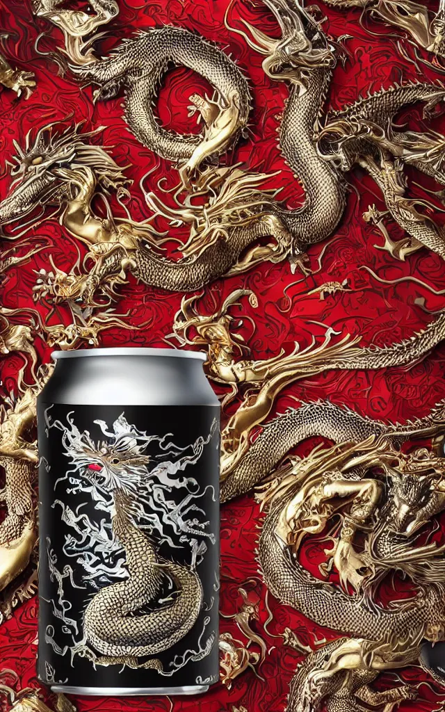 Prompt: a single aluminium can of a dragon-flavored energy drink, intricate and detailed, gold and red and silver design, professional studio photography, detailed black and red background, packshot