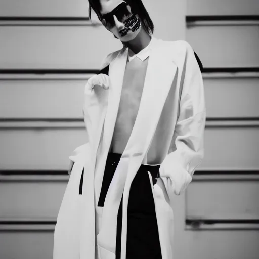 Image similar to vogue fashion photography of model wearing streetwear fashion white clothing, inside berghain, futuristic fashion, photo 3 5 mm leica, hyperdetail, 8 k, very detailed