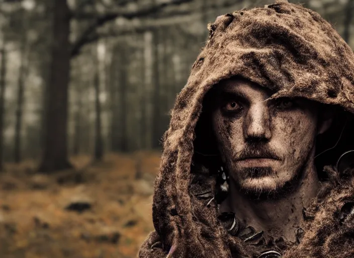 Prompt: character and environment photography, portrait 2 0 - year - old male druid, biomechanical eye, tattered hood and robe, infested bear standing, medium shot, wide angle, 2 0 0 px, low key