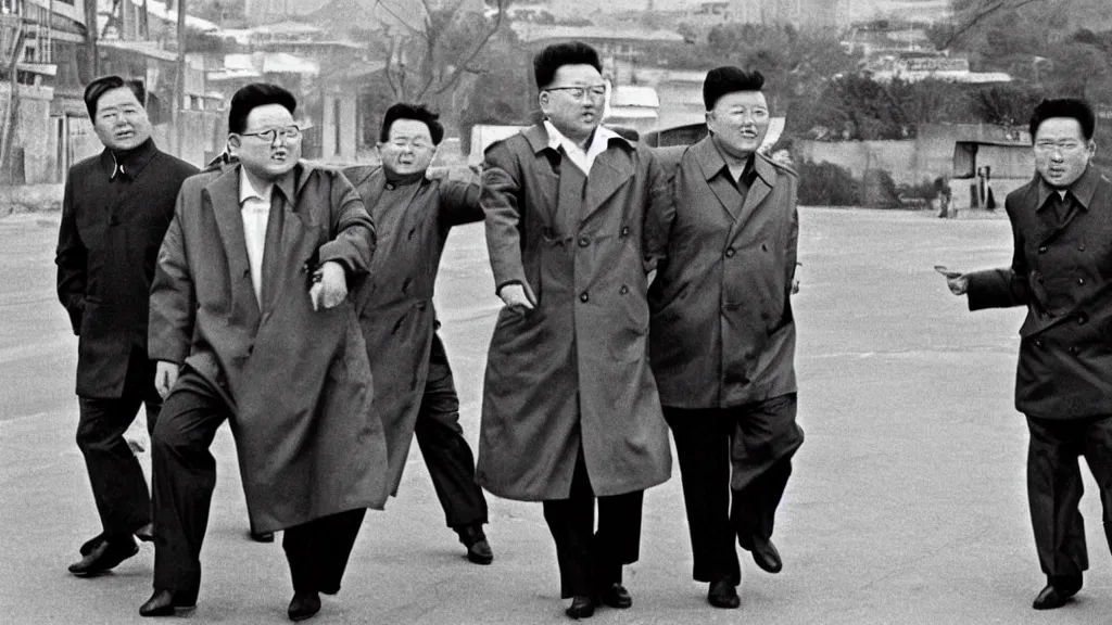 Image similar to kim jong - il walking in 1 9 6 0 s pyongyang, film noir thriller in the style of orson welles and andrei tarkovski