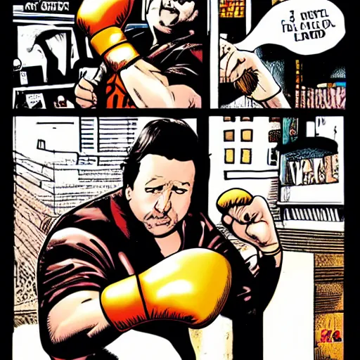 Image similar to bill hicks punching the camera wearing boxing gloves in comic book style