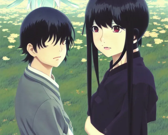 Image similar to beautiful anime girl with long black hair and bangs, beautiful anime guy with black hair, wearing black clothes, siblings, fine details portrait, japense village in background, bokeh. anime masterpiece by Studio Ghibli. illustration, sharp high-quality anime illustration in style of Ghibli, Ilya Kuvshinov, Artgerm