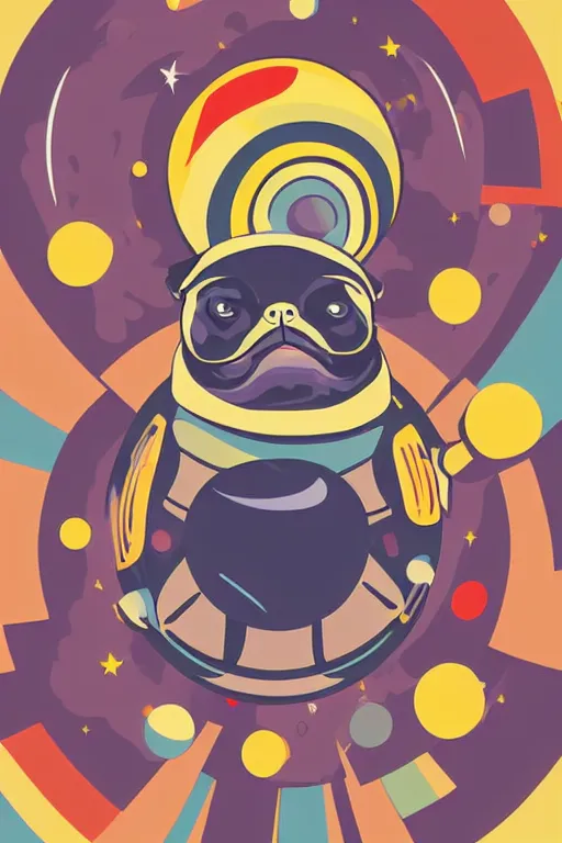 Prompt: planet pug floating in space, art by viktor miller gausa, sticker, colorful, illustration, highly detailed, simple, smooth and clean vector curves, no jagged lines, vector art, smooth