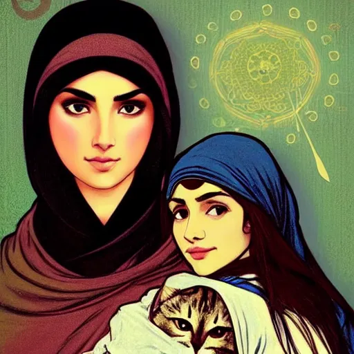 Image similar to cute emo moroccan woman, with long dark hair, thick eyebrows!!! dark eyes and dark circles!, wide nose!!!, big eyes, oval face shape, big cheeks!, she is holding a cat in her arms, by juan villafuerte, greg rutkowski and alphonse mucha, pexels contest winner, high quality photo, hd rtx