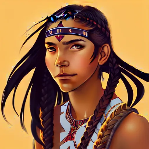 Prompt: in the style of artgerm and Andreas Rocha and Joshua Middleton, pretty Native American teen with braids and warpaint, smile on face, Symmetrical eyes symmetrical face, prairie in background, natural lighting, warm colors