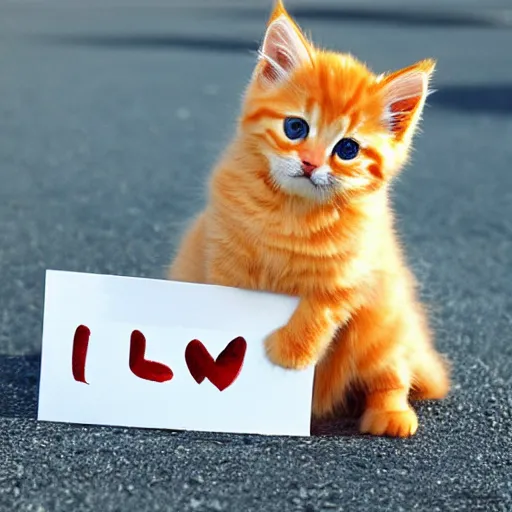 Image similar to cute fluffy orange tabby kitten with a sign that says