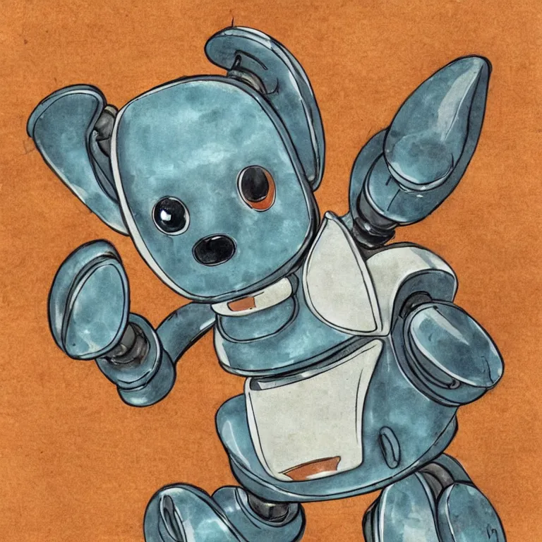 Prompt: a cute robo - puppy. alcohol ink on parchment, muted colors, detailed, textured parchment background, 1 9 5 0 s concept art, jetsons