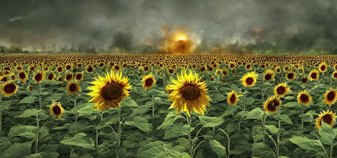 Image similar to the battle of the Somme with one single sunflower, cinematic shot, hyper realistic, hyper detailed