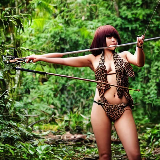 Image similar to anime style woman in leopard print bikini shooting bow and arrow in the jungle