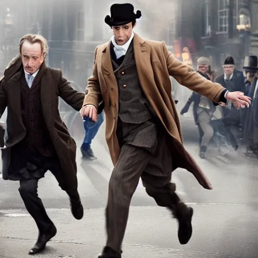 Prompt: [UHD candid photo of Sherlock Holmes running down the streets of futuristic steampunk London, correct face, accurate details, graphic detail, sharp focus by Annie Leibowitz]
